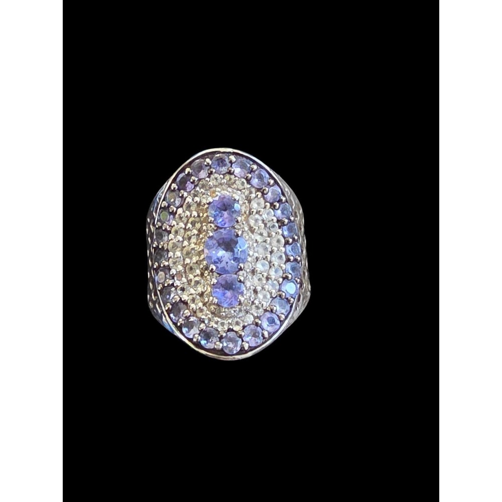 STS 925 Blue Tanzanite & White Topaz Sterling Silver Shield Ring Size 7.5